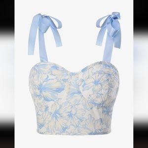 White and blue floral crop top, tie straps Small
